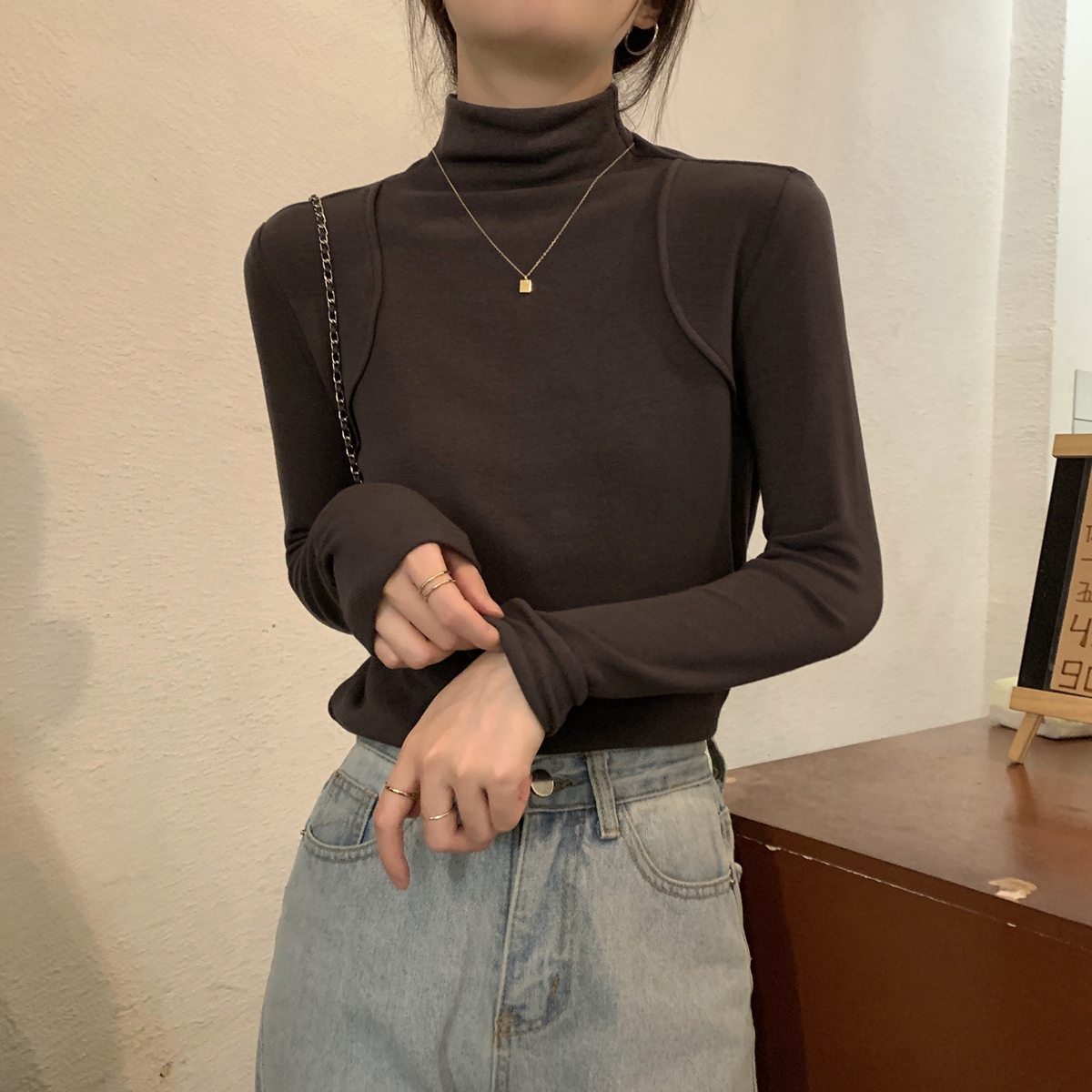 實拍 秋冬韓版修身半高領德絨保暖內搭長袖打底T裇女上衣