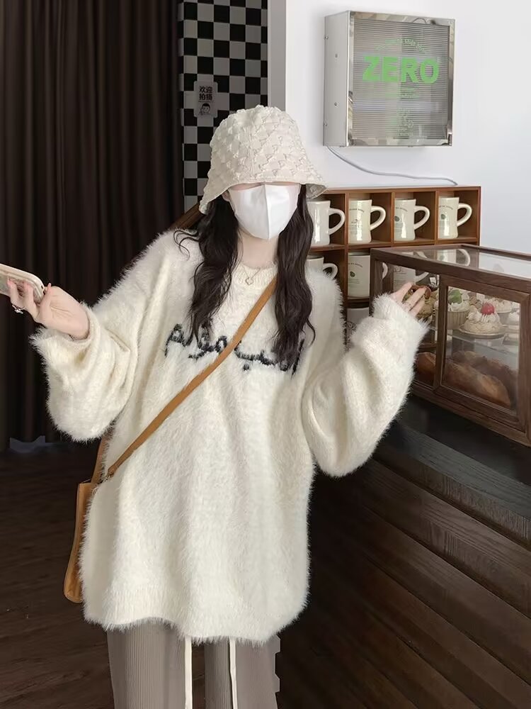 溫柔奶糯風毛衣女秋冬季2023新款慵懶風寬鬆長袖圓領針織上衣