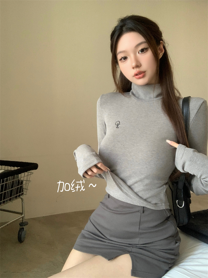 實拍 加絨加厚打底衫高領修身顯瘦設計簡約內搭T恤長袖