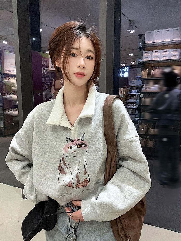 本店原創~實拍~polo領貓咪印花加絨加厚衛衣女潮