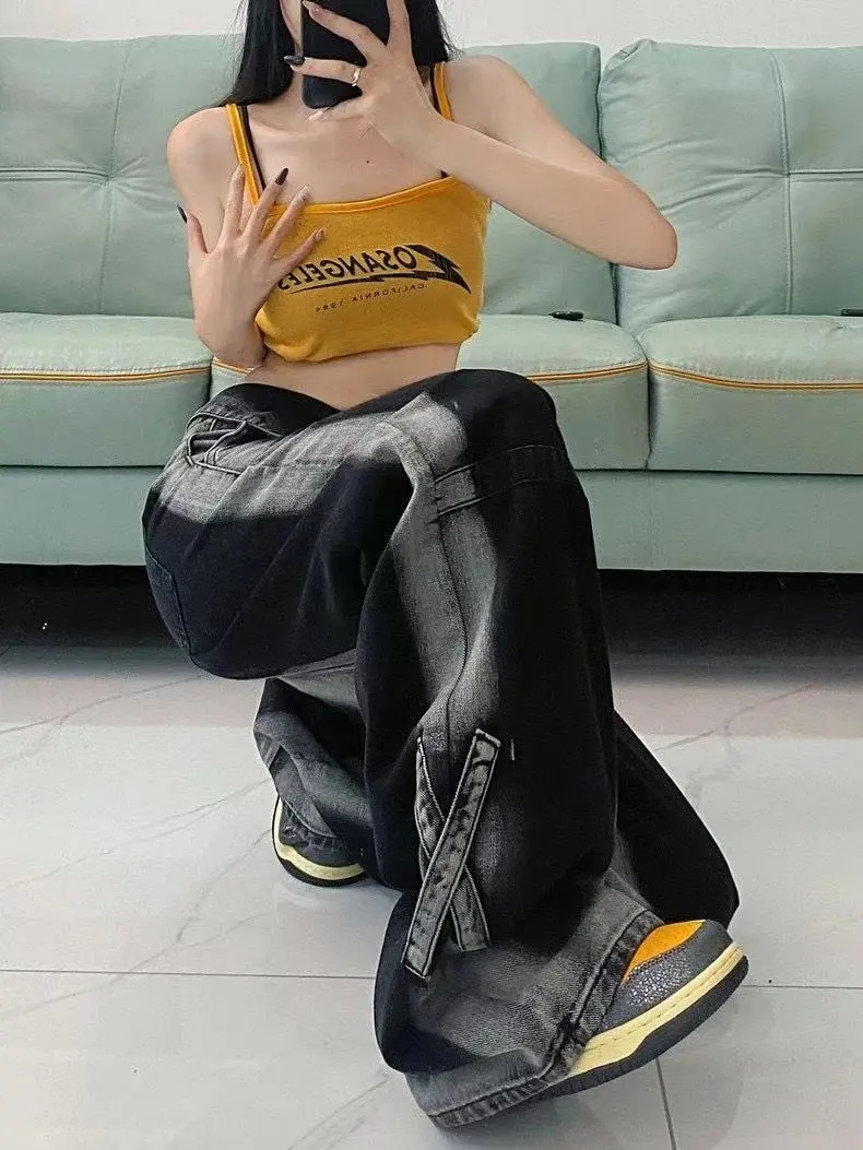 大碼多巴胺高街翻邊牛仔褲女夏季新款設計感寬鬆顯瘦百搭闊腿長褲