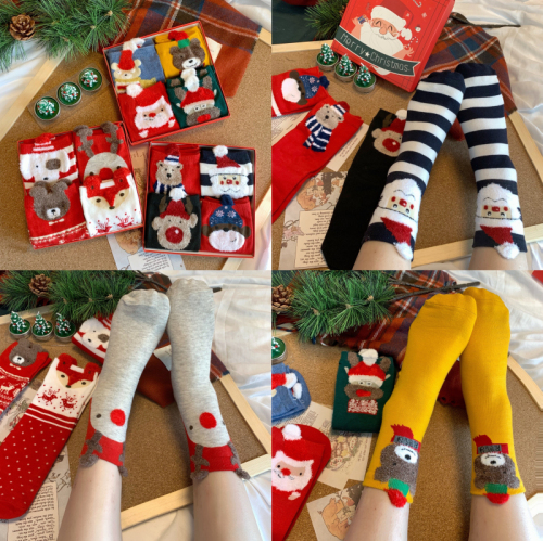 实拍 4双/盒 韩版ins圣诞中筒袜情侣礼物百搭红色卡通袜