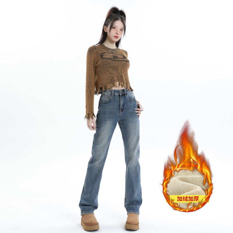 實拍 褲子新款秋冬美式復古高腰窄版直筒加絨加厚藍色牛仔褲