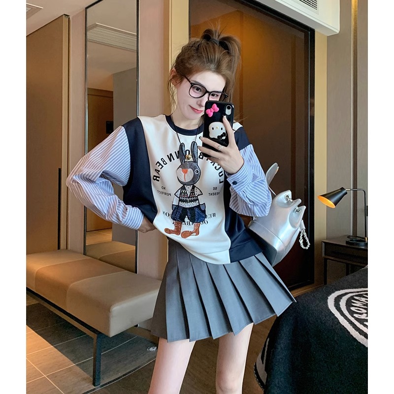 原版做工假兩件拼接圓領衛衣女2023新春秋美式復古小個子上衣