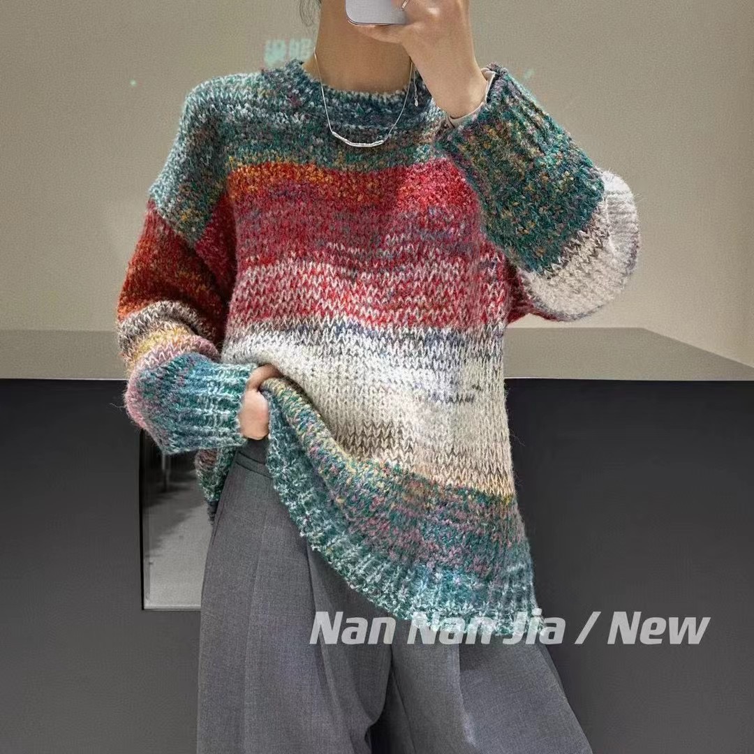 百家好復古撞色漸變針織衫女2023秋冬新款慵懶風毛衣