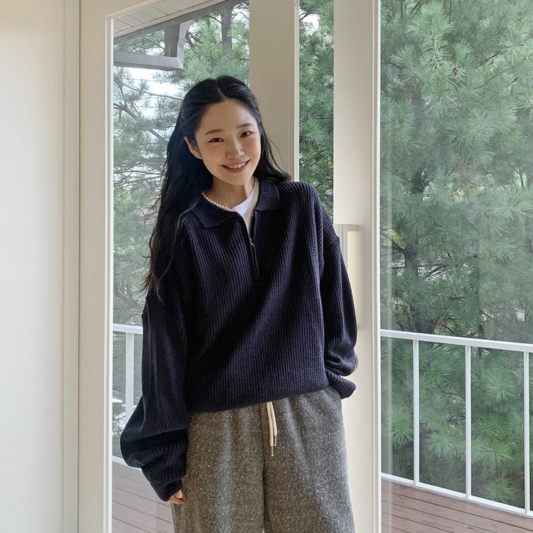 韓國ins簡約百搭polo領半拉鏈慵懶寬鬆毛衣保暖加厚針織衫