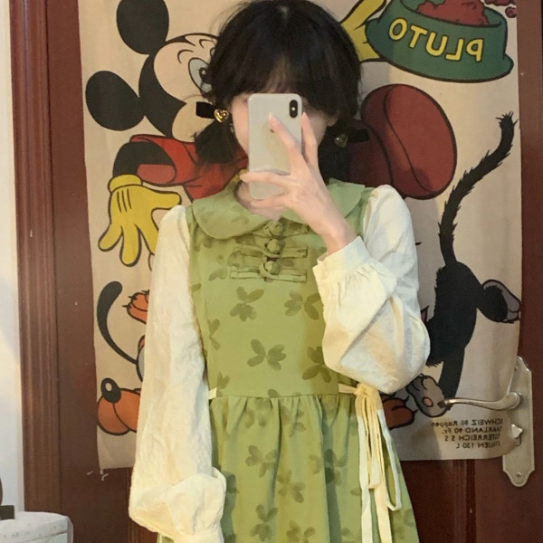 大碼法式娃娃領長袖碎花連衣裙女裝秋季新款胖mm假兩件燈芯絨裙子