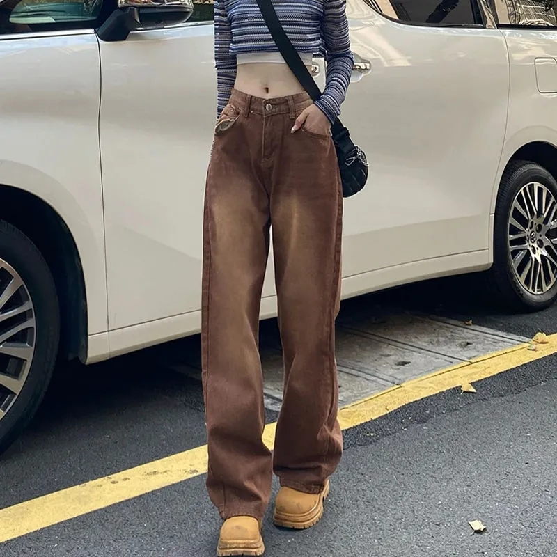 大碼胖mm美式復古棕色牛仔褲寬鬆顯瘦直筒高腰百搭闊腿拖地長褲子