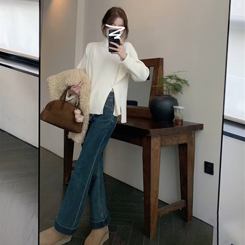 慵懶風高領白色毛衣女秋冬季2023新款修身加厚內搭打底針織衫上衣