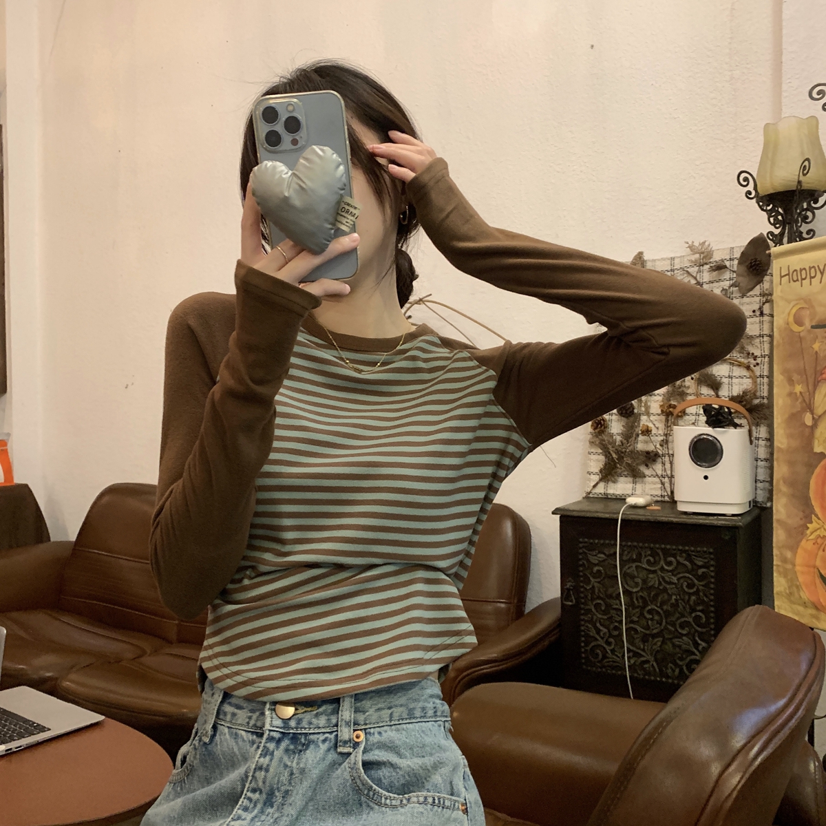 實拍 秋冬韓版復古撞色插肩條紋德絨保暖內搭打底衫女T恤上衣
