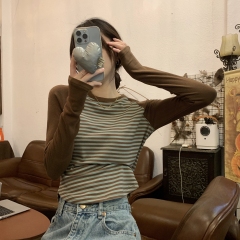 Photographed Autumn/Winter Korean Style Retro Color Blocking Shoulder Striped Fleece Warm Knit Top for Women