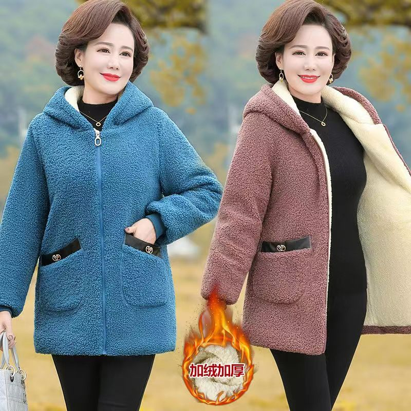 中老年羊羔絨媽媽外套女冬季新款寬鬆顯瘦加絨加厚連帽顆粒絨外套
