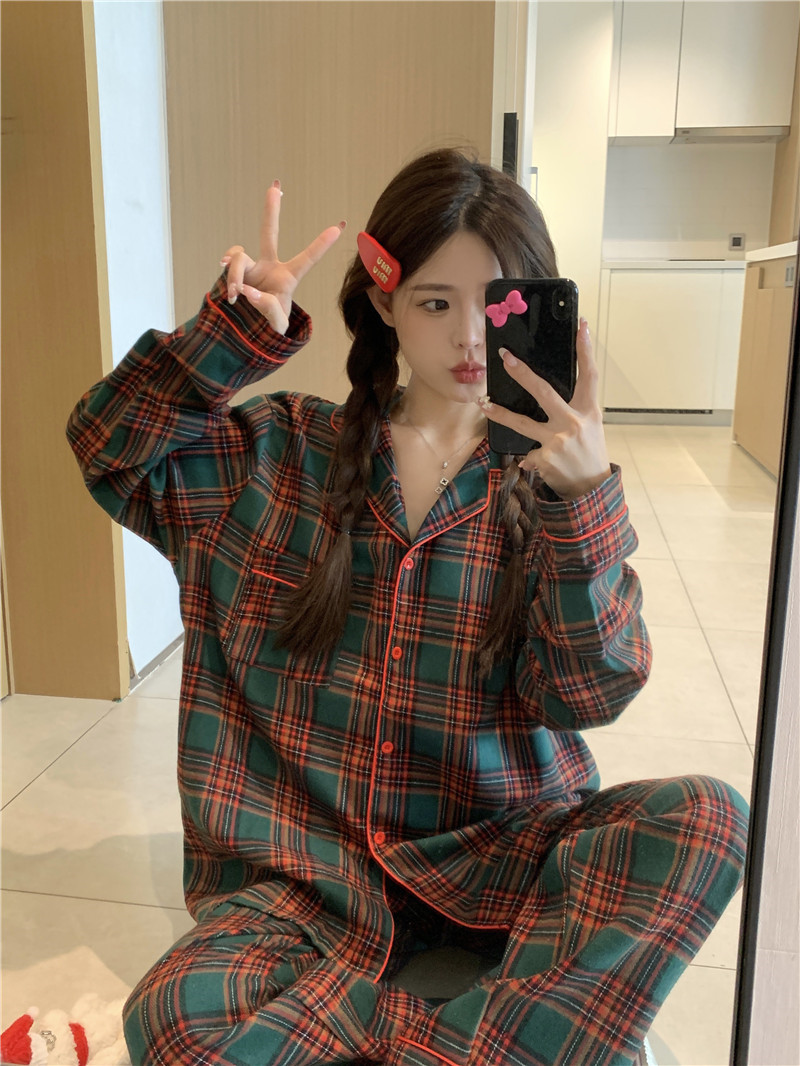實拍韓版簡約秋冬磨毛保暖撞色聖誕紅綠個長袖外穿家居服套裝