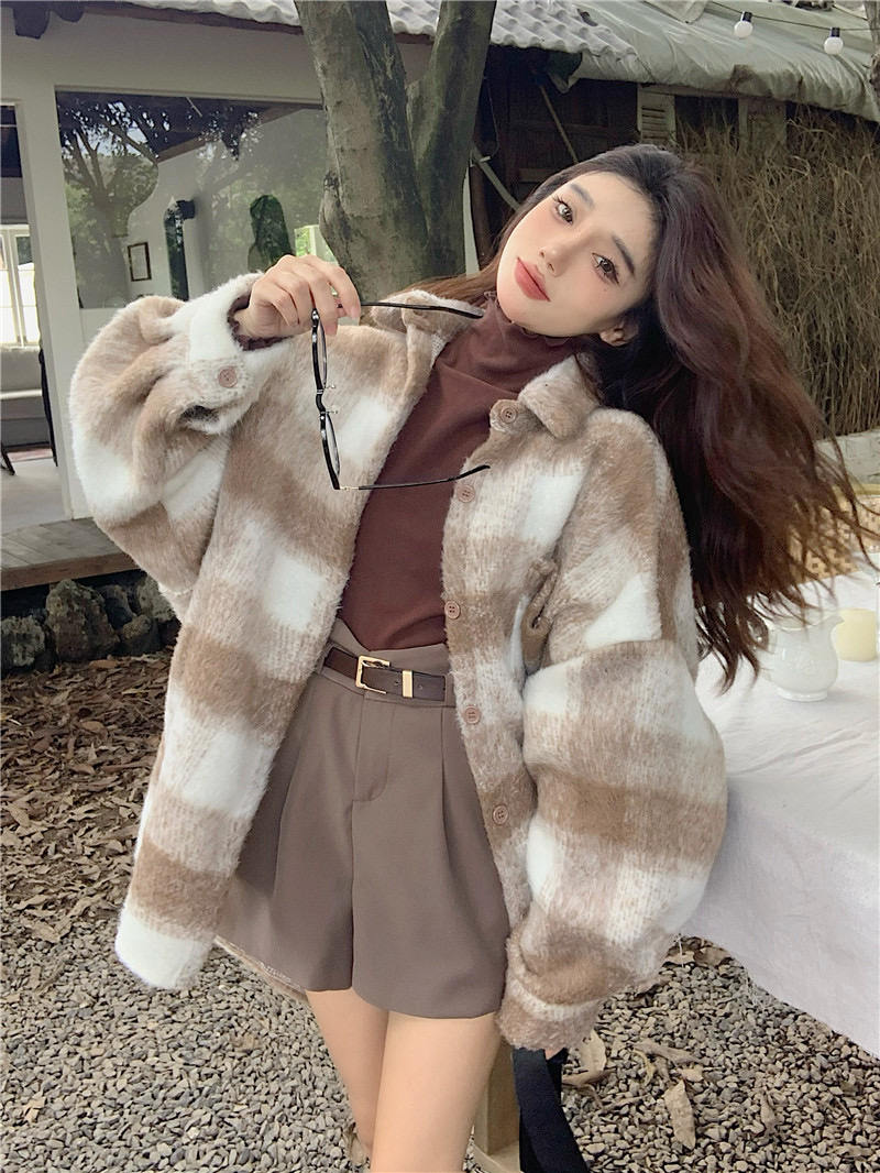 美拉德卡其色加厚格子襯衫慵懶風韓系毛呢外套女2023新款秋冬