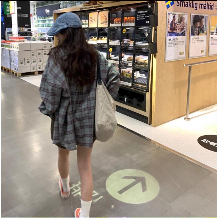 荒荒家美式復古皺皺綠格子襯衫外套2024春秋寬鬆bf休閒格紋襯衣女