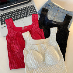 Real-shot ~ Korean-style Square-Neck Gold Velvet Camisole, Slim-Fit Innerwear with Padded Bust, Sleeveless Base Layer for Women