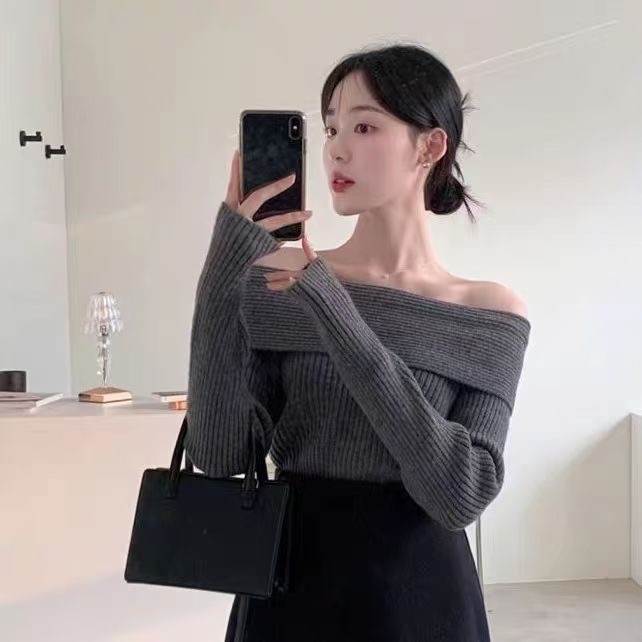 韓國chic秋冬法式慵懶風一字領露肩設計感寬鬆坑條針織衫毛衣女