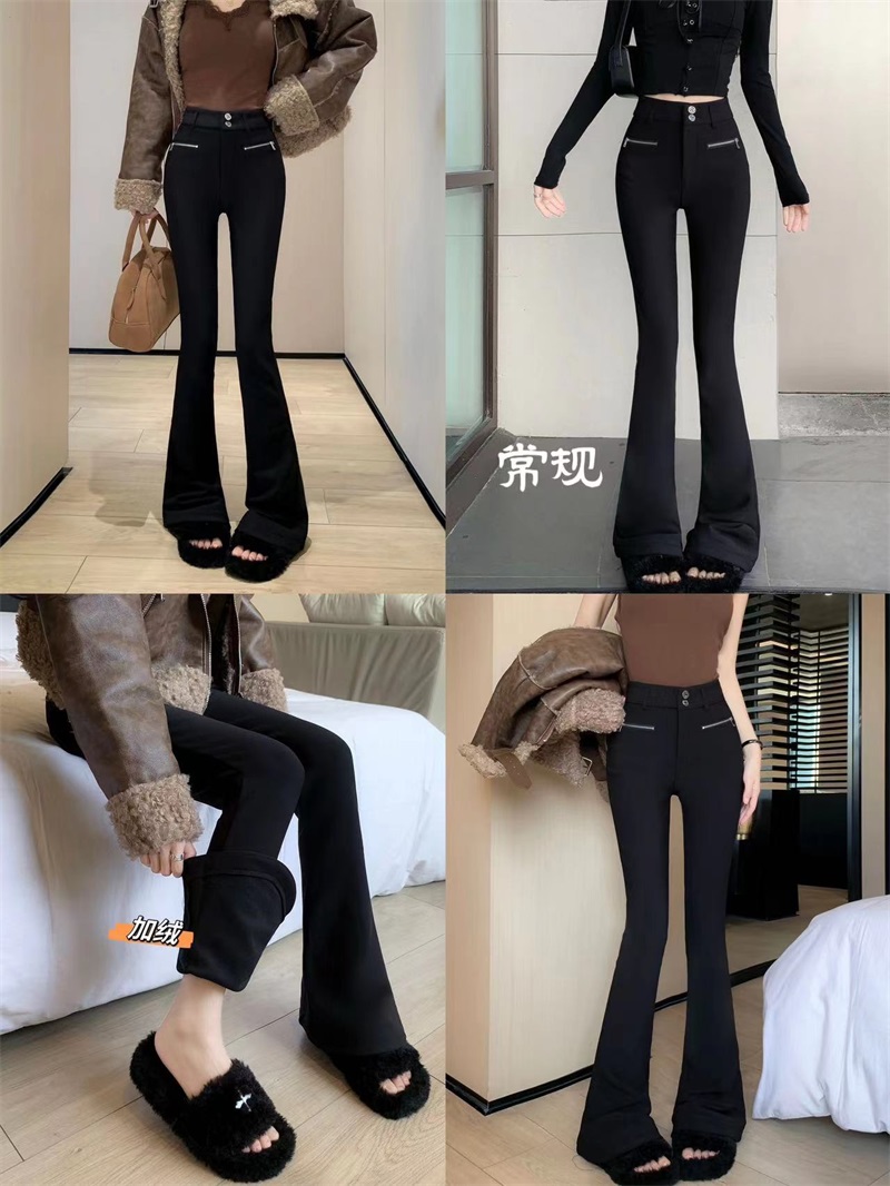 實拍！！黑色加絨加厚微喇叭休閒褲女秋冬緊身彈力高腰拖地褲