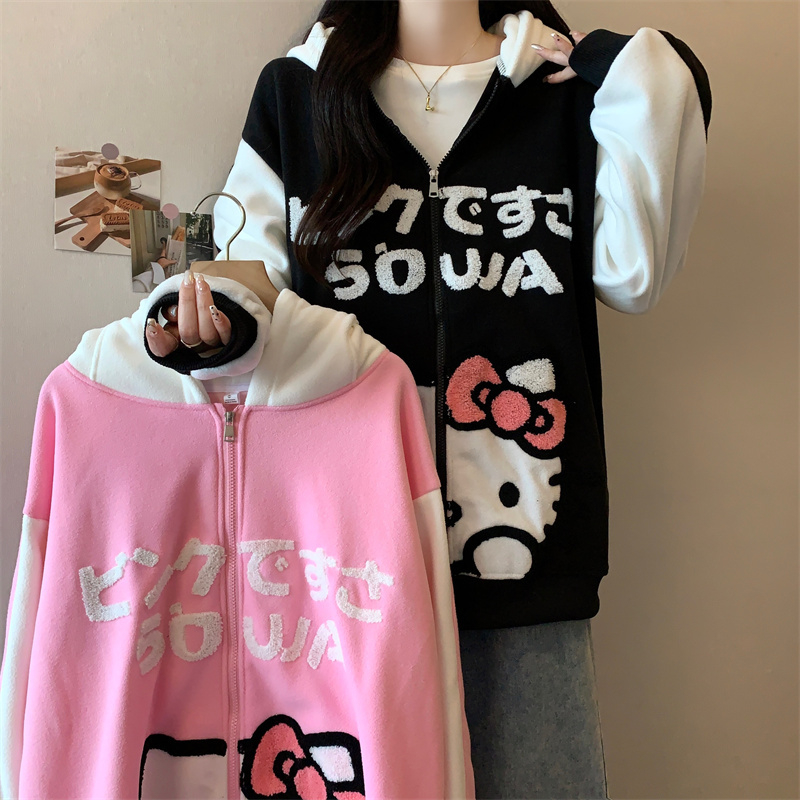實拍 可愛凱蒂貓刺繡連帽衛衣女秋冬款加絨加厚保暖外套潮