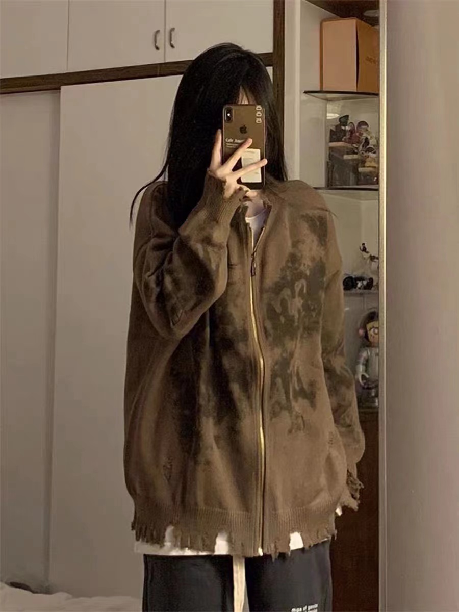 美式復古扎染設計感小眾毛衣外套女秋季慵懶長袖拉鏈針織開衫上衣