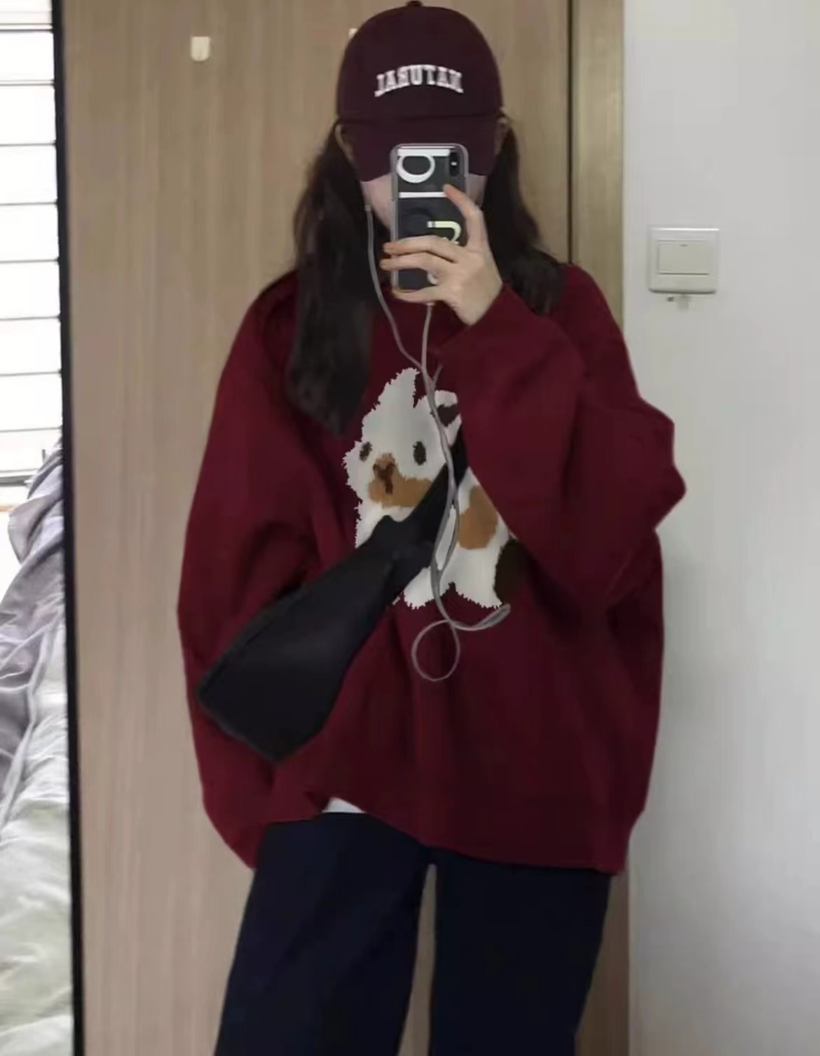 酒紅色國潮牌美式復古兔子慵懶圓領衛衣女秋冬季加絨加厚大碼上衣
