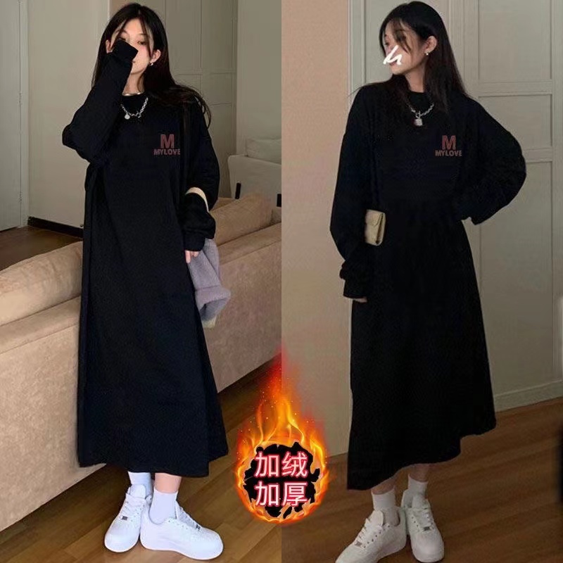 加絨保暖秋冬韓版衛衣女長款T恤網紅洋氣學生外穿百搭過膝連衣裙