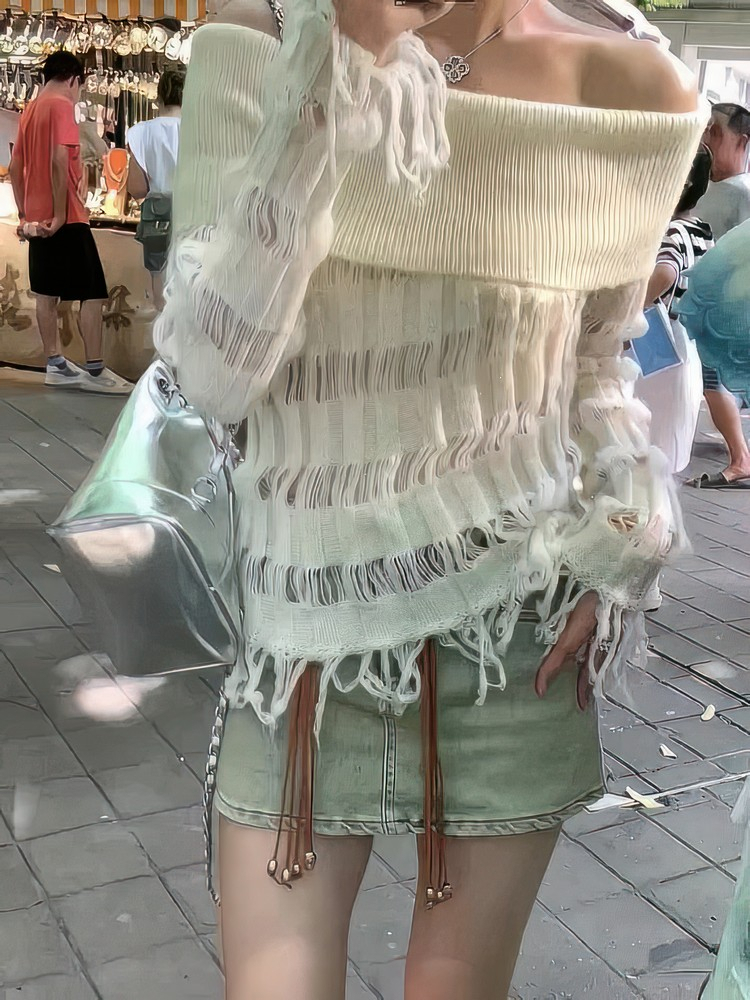 一字肩上衣女裝秋季韓版時尚小眾流蘇修身顯瘦性感辣妹鏤空針織衫