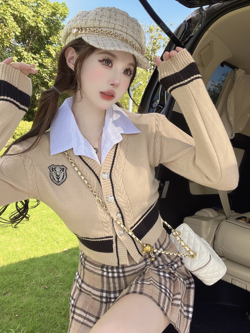 實拍 學院風高級設計感休閒秋裝外穿假兩件慵懶針織短款上衣女