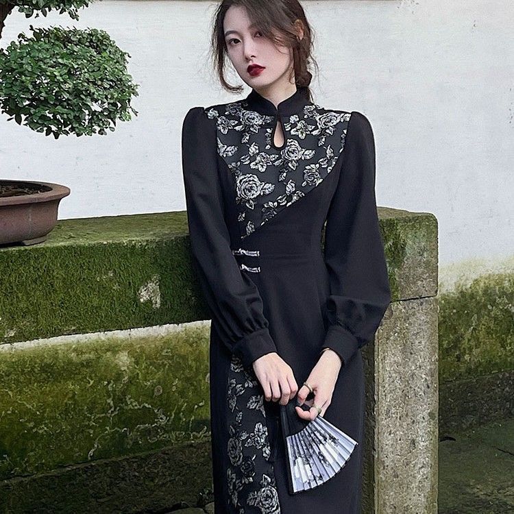 原版提花布+拉鏈2023大碼胖MM秋冬新款新中式連衣裙寬鬆女長袖