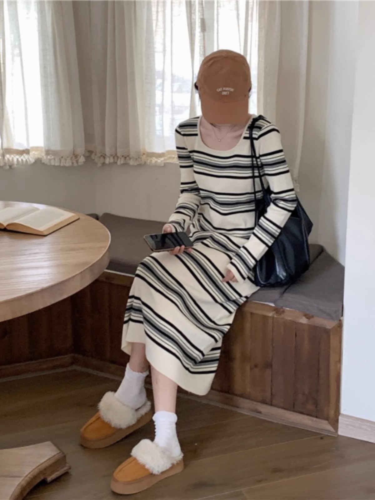 方領撞色條紋長袖連衣裙女裝早秋修身顯瘦氣質中長款裙子