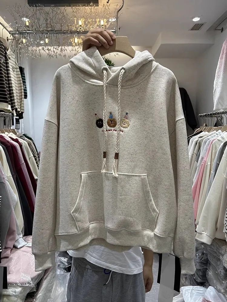 設計感刺繡加絨連帽衛衣長袖女韓版2023秋冬寬鬆百搭洋氣外套上衣