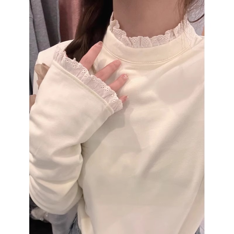德絨 設計感小眾秋冬新款法式蕾絲花邊T恤半高領短款打底衫女上衣