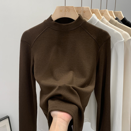 Real picture of European goods, shoulder yoke cashmere lined half high neck spliced undergarment for women