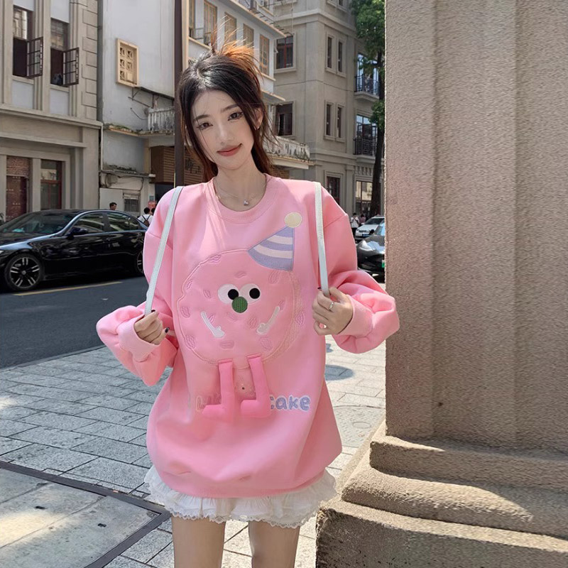 原版做工卡通圓領衛衣女2023設計感小眾寬鬆甜美減齡氣質上衣