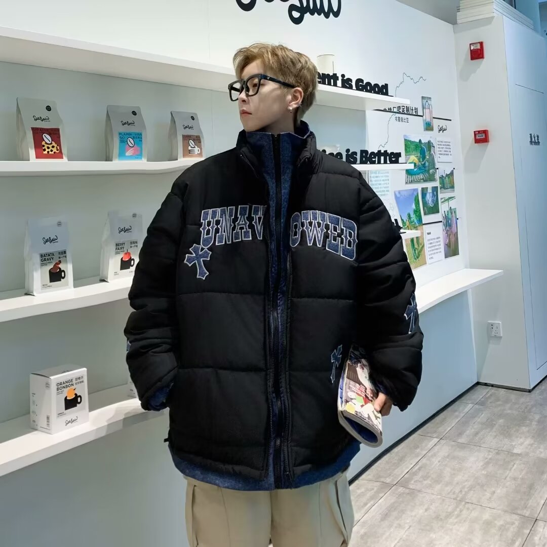 Fake two stand-up collar cotton coat men's winter trendy brand letter printed thickened coat American loose warm casual bread coat