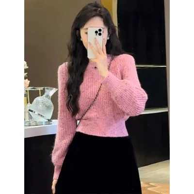 韓版氣質圓領針織衫毛衣女秋冬2023年新款寬鬆慵懶風溫柔套頭上衣