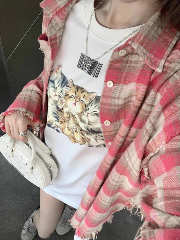 momolancyPink sand多巴胺女孩磨爛須邊定製色織格紋襯衫2024春季
