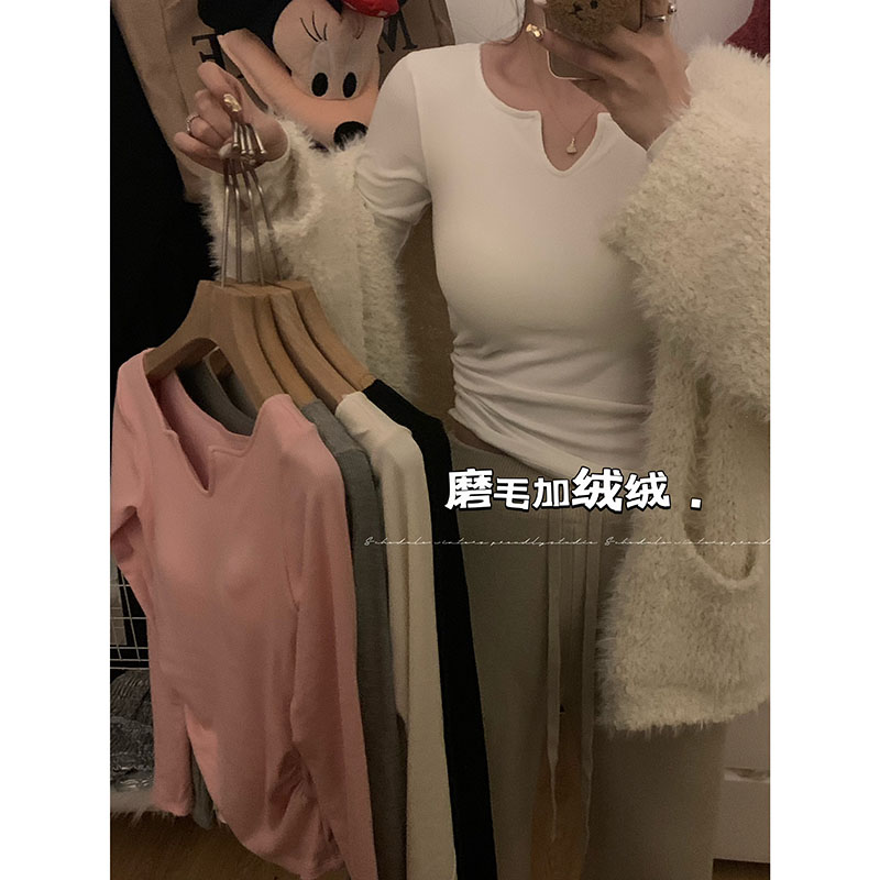 實拍 秋冬保暖磨毛加絨加厚小v領女內搭打底衫修身長袖上衣