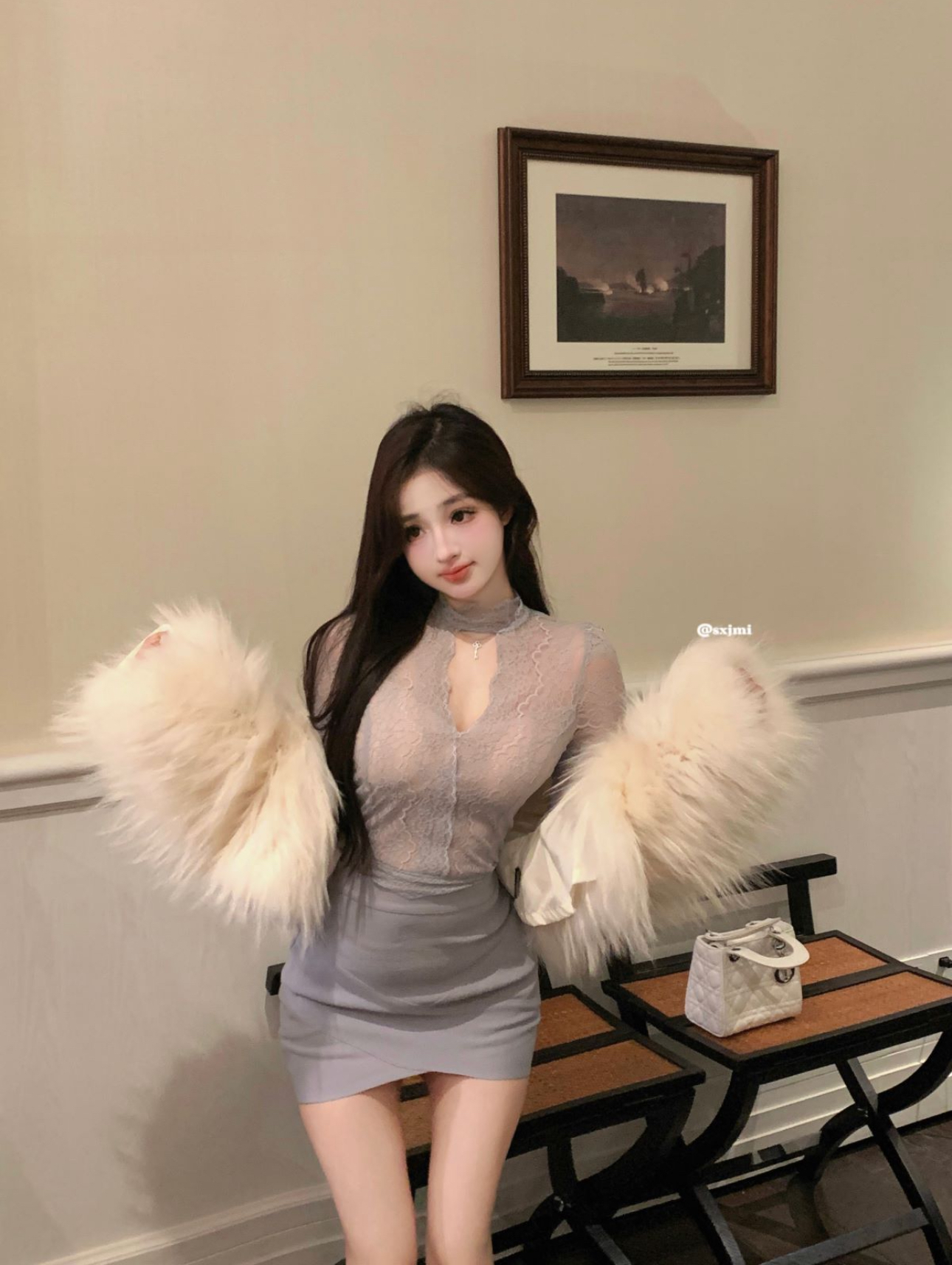 實拍掛脖高領蕾絲上衣設計感純色氣質修身長袖半身裙套裝