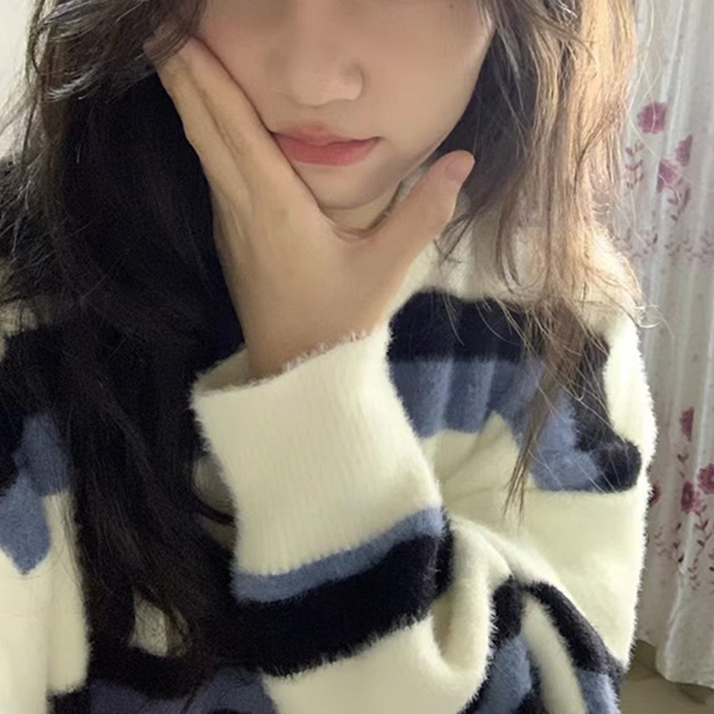 早初秋2023新款條紋外套上衣毛衣女秋冬季加厚針織衫慵懶風小個子