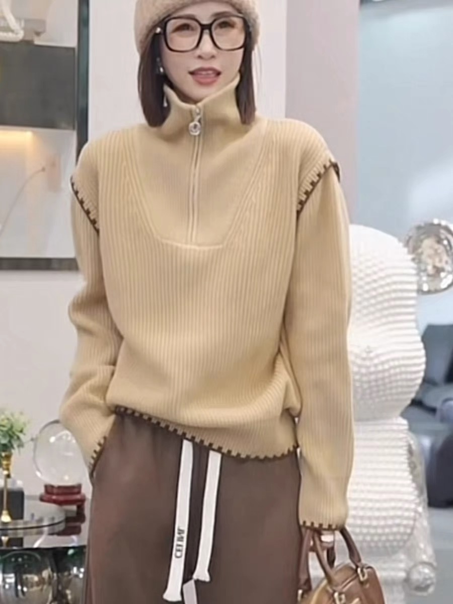 半拉鏈設計感針織毛衣打底衫女裝長袖秋冬季新款洋氣時尚小眾上衣