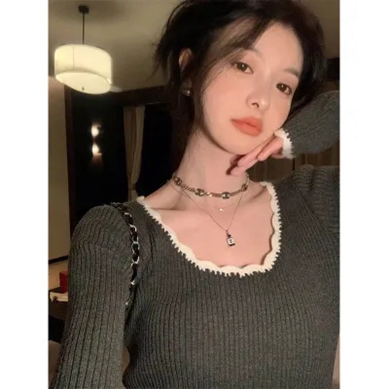 法式低圓領針織衫女早秋復古氣質打底衫修身顯瘦套頭毛衣內搭上衣