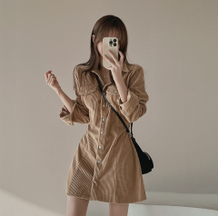 Korean chic winter single-breasted corduroy midi-length dress-style belted dress