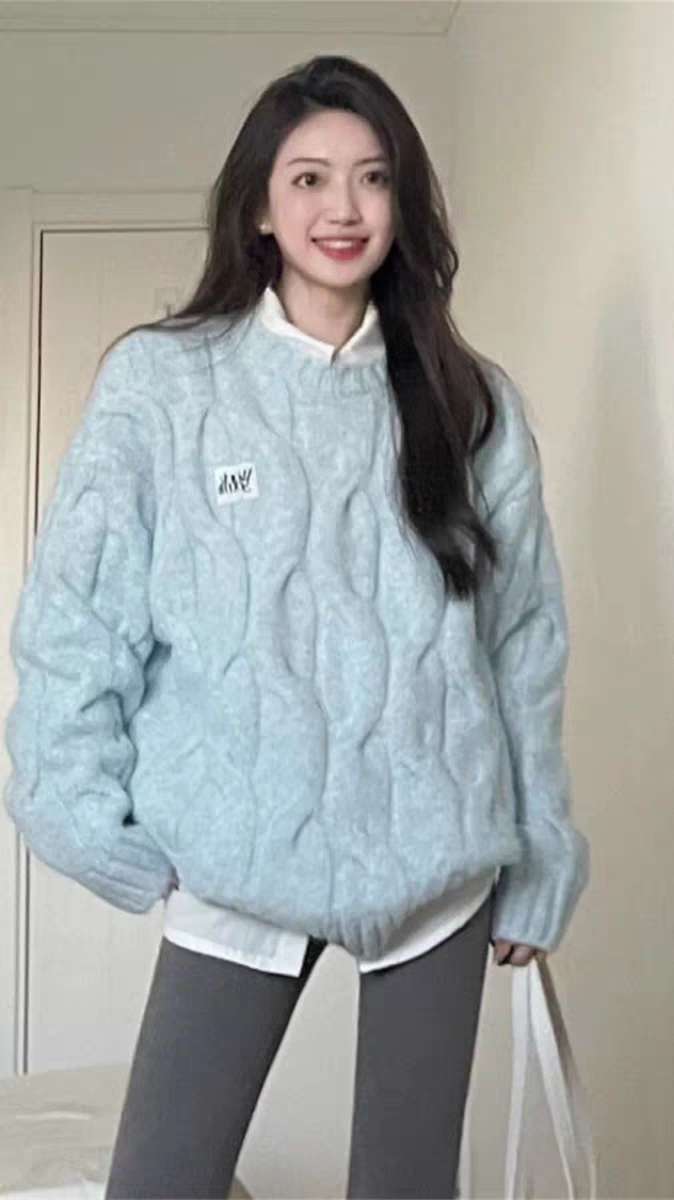 溫柔風軟奶藍麻花毛衣女秋冬套頭寬鬆外穿慵懶百搭加厚針織衫