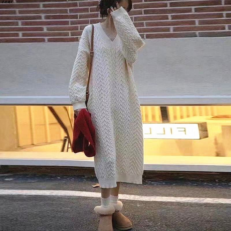秋冬韓系慵懶風寬鬆顯瘦過膝中長款毛衣裙大碼女裝針織連衣裙