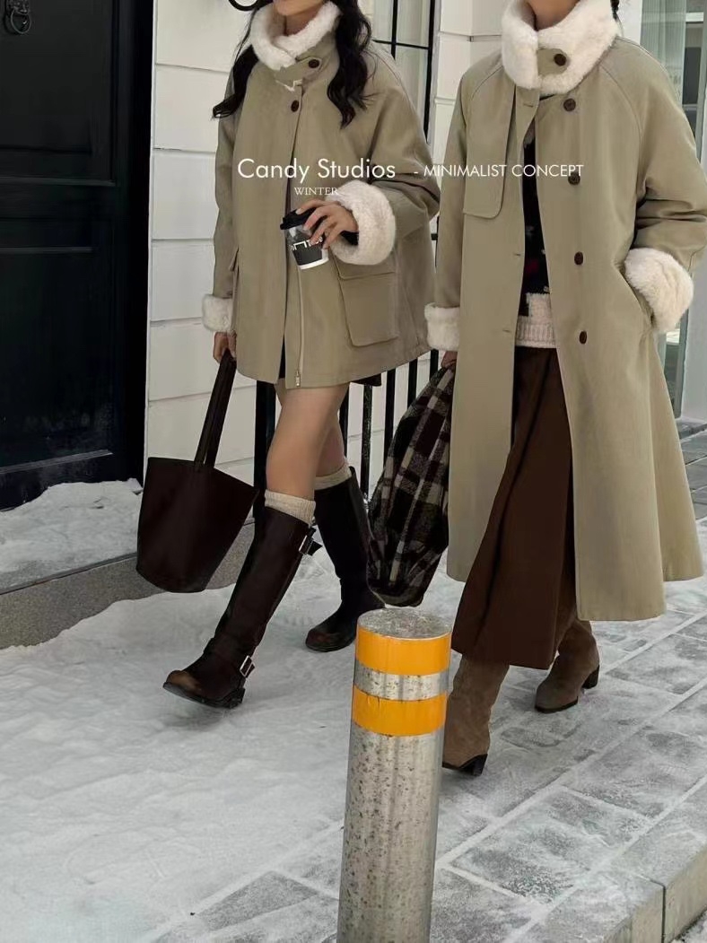 糖果Candy立領派克服棉衣女長款冬季兔毛加絨過膝工裝風衣外套潮