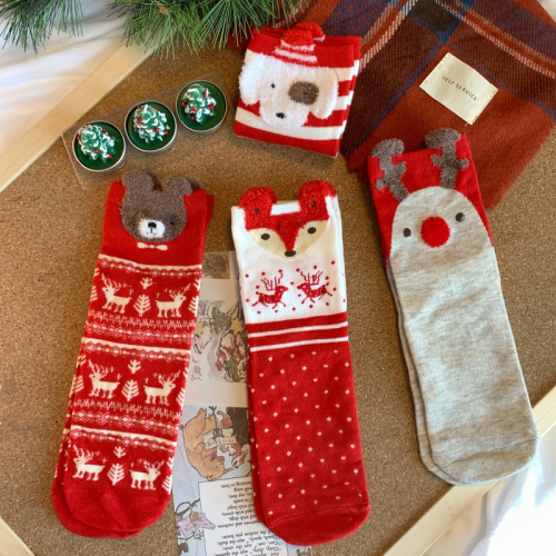 实拍 4双/盒 韩版ins圣诞中筒袜情侣礼物百搭红色卡通袜