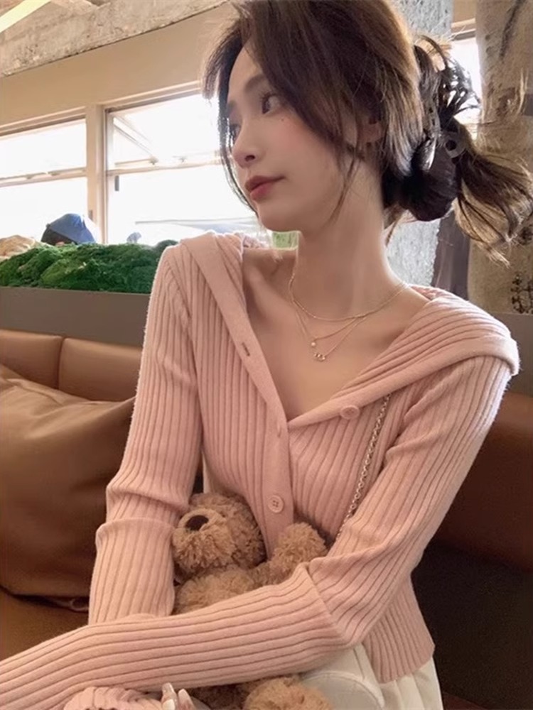 粉色連帽v領針織開衫外套女早秋季慵懶風軟糯內搭打底衫毛衣上衣