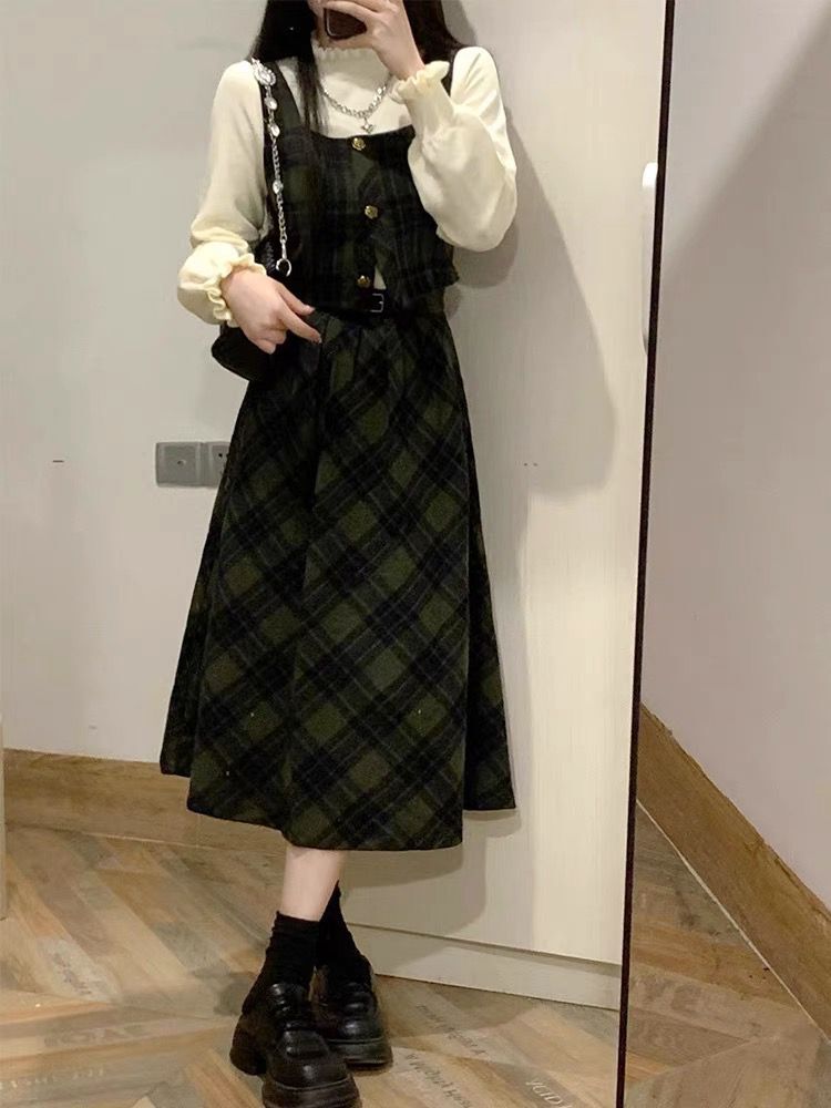 學院風格子馬甲背心半身裙子套裝女秋冬復古高級感流行時尚三件套