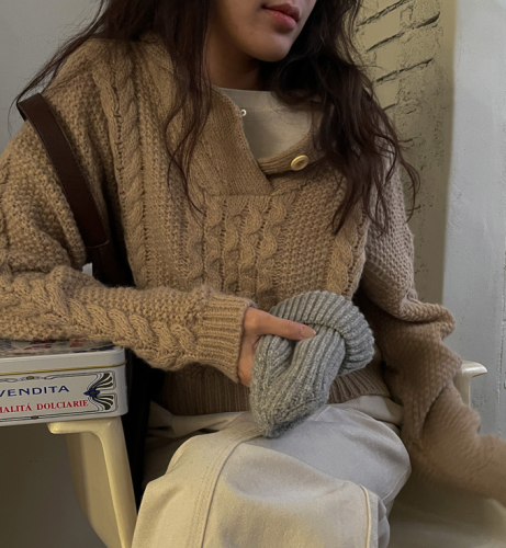 韩国chic 冬日 设计感  气质翻领 麻花毛衣外套